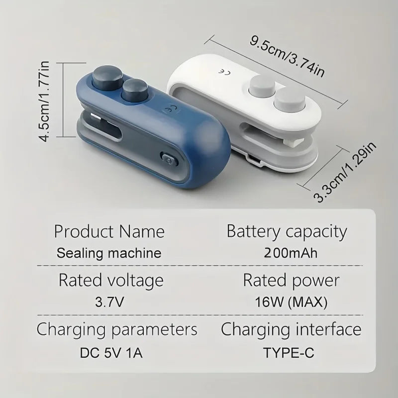 A portable magnetic bag sealer device in blue and white, showing its dimensions and specifications.