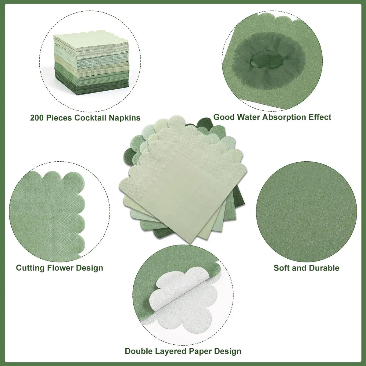 A collection of green paper napkins showing various designs including flower patterns, layered textures, and scalloped edges.