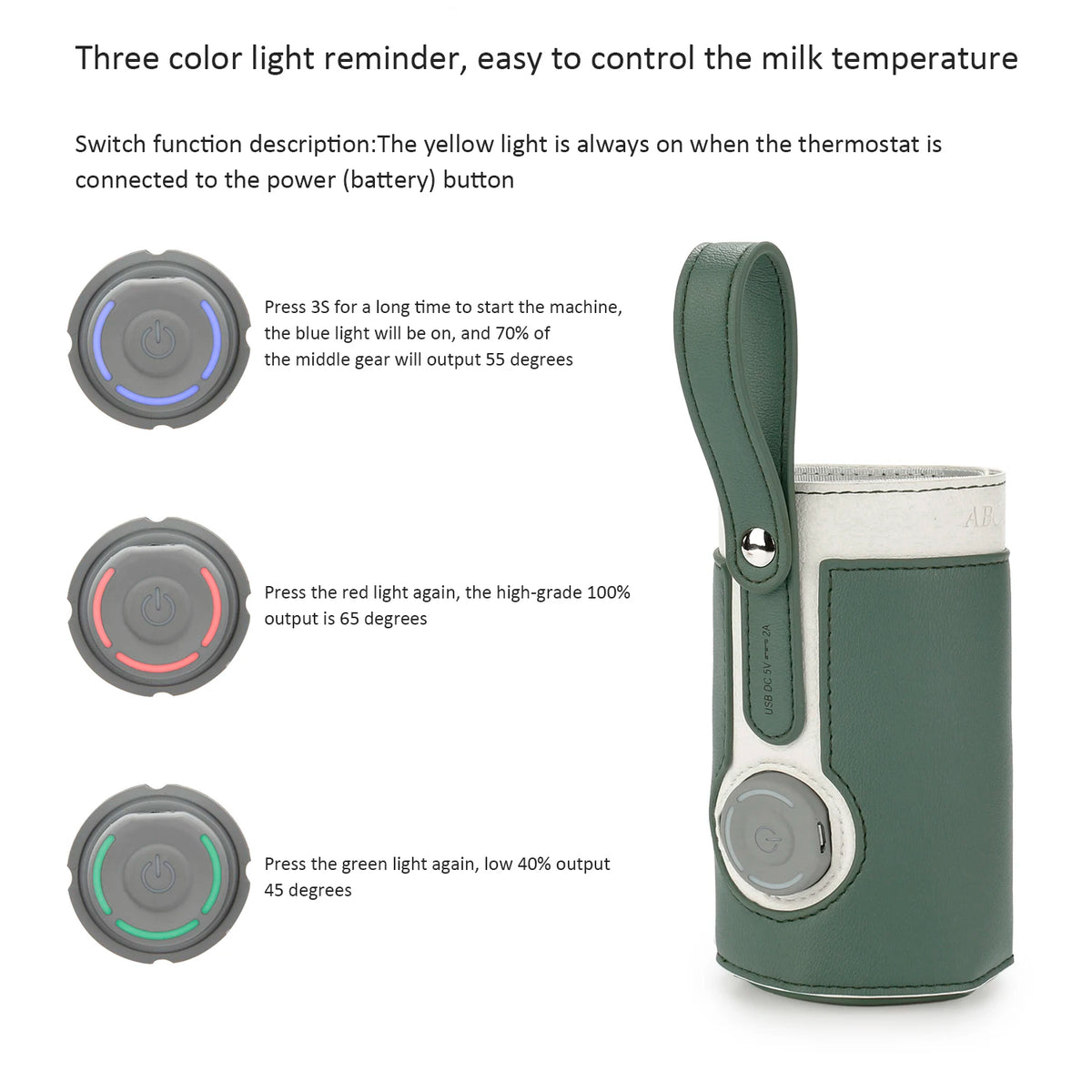 A green baby bottle warmer with a light switch mechanism showing three color light settings.