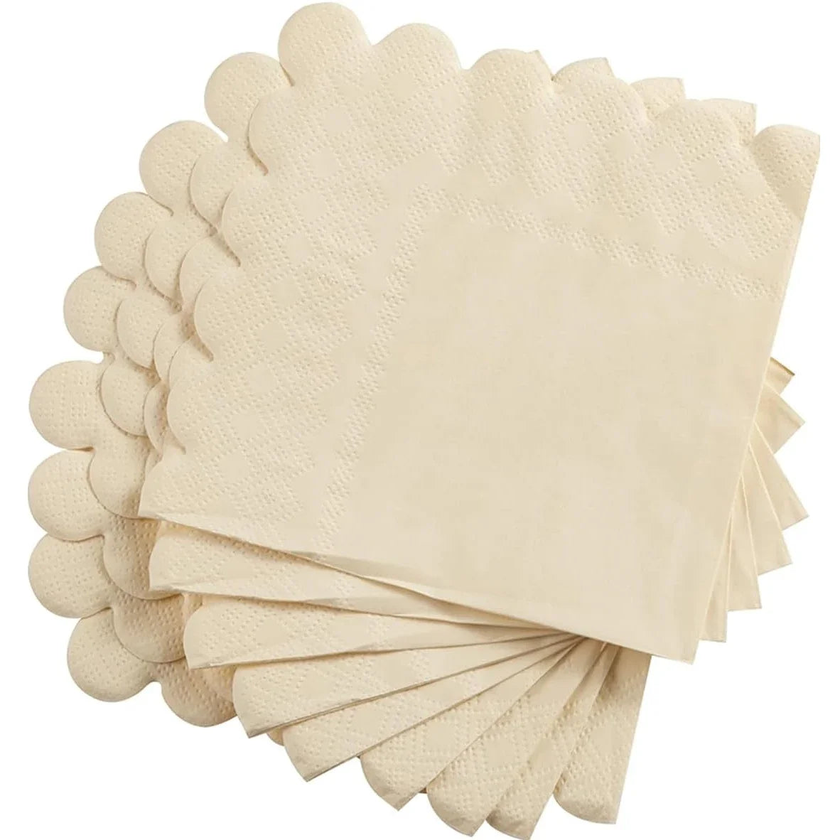 A stack of beige, scalloped edge dessert napkins with a textured finish.