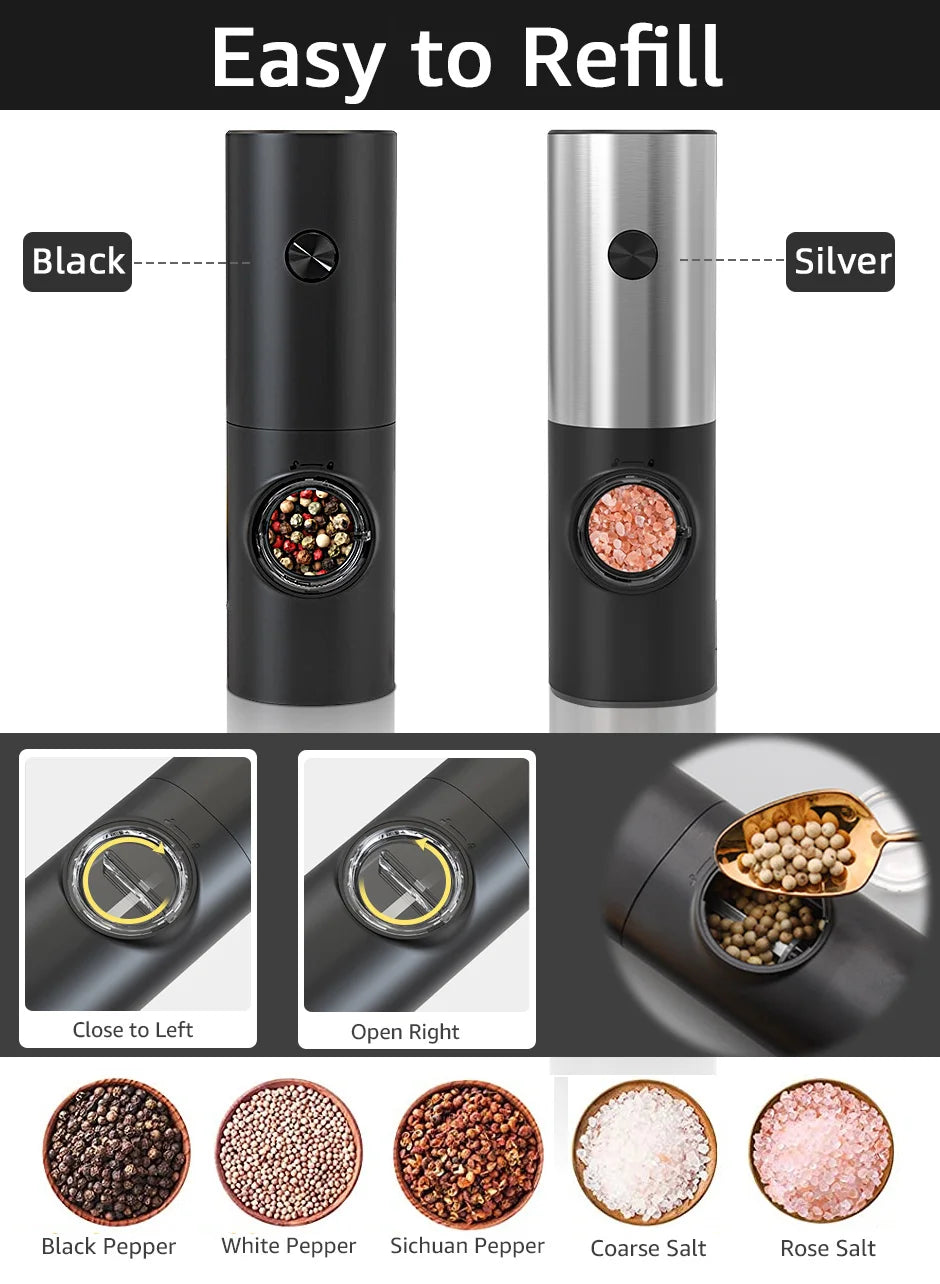 Black and silver electric automatic salt and pepper grinders shown with various peppercorns and salts.