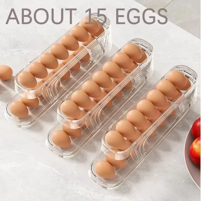 A clear plastic storage rack holds about 15 brown eggs arranged in rows.