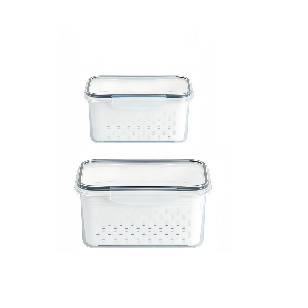 Two clear reusable food storage containers with filter lids, shown side by side.