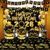 A festive New Year Happy 2026 banner featuring gold and black decorations with balloons and confetti.
