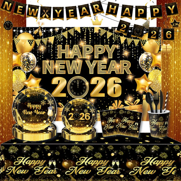 Festlicher Neujahr 2026 Banner mit Gold- und Schwarzdarstellungen, Ballons und Konfetti