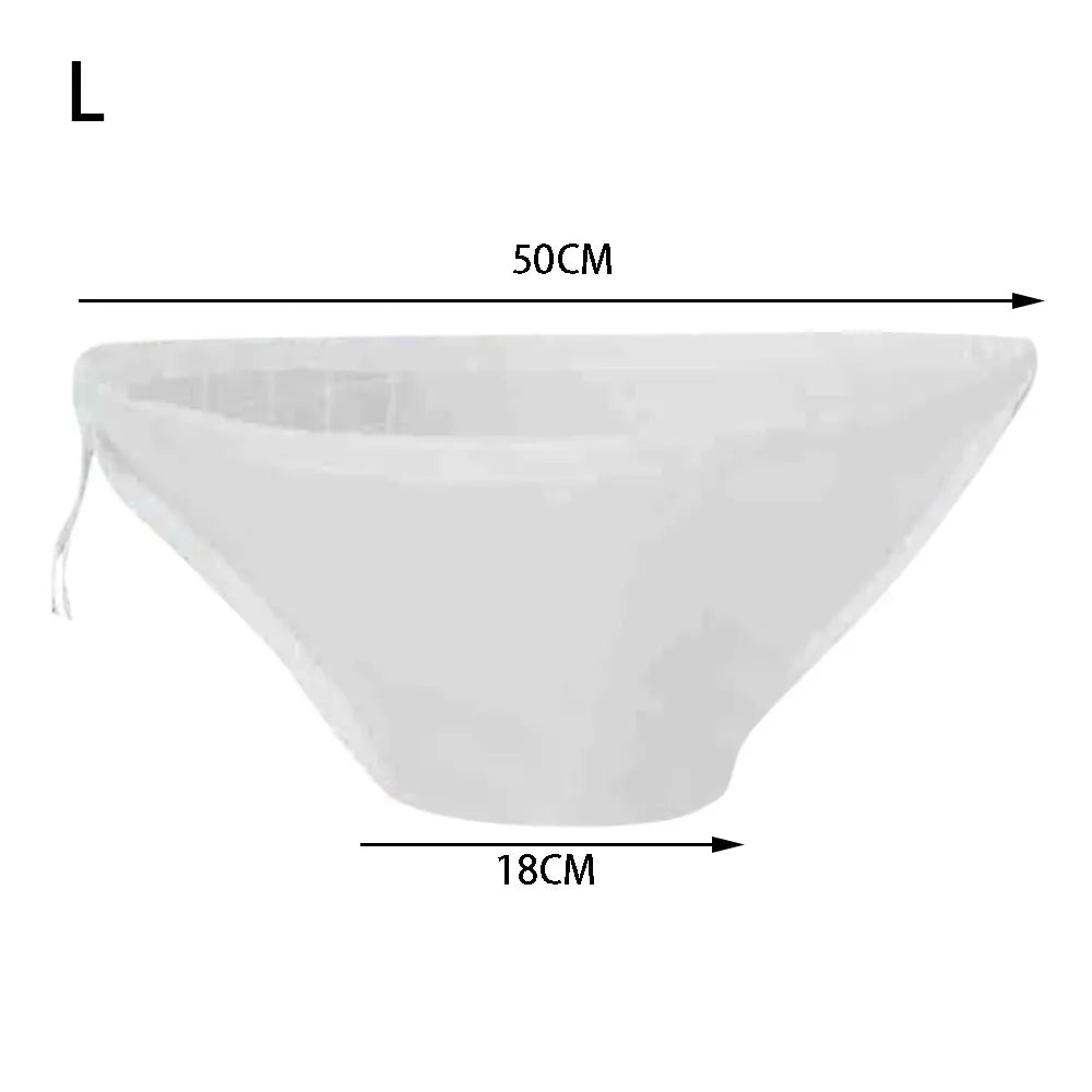 A white reusable kitchen food filter bag shown from the top view with dimensions of 50cm by 18cm.