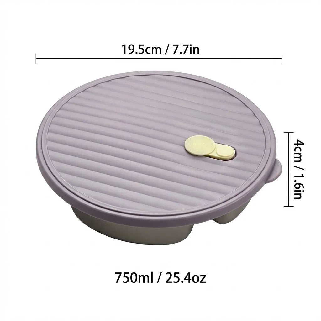A round, purple lidded container with ribbed sides and a small yellow spoon inside.