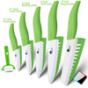 A set of multi-color ceramic chef knives, including 3 to 6 inch slicing and bread knives.