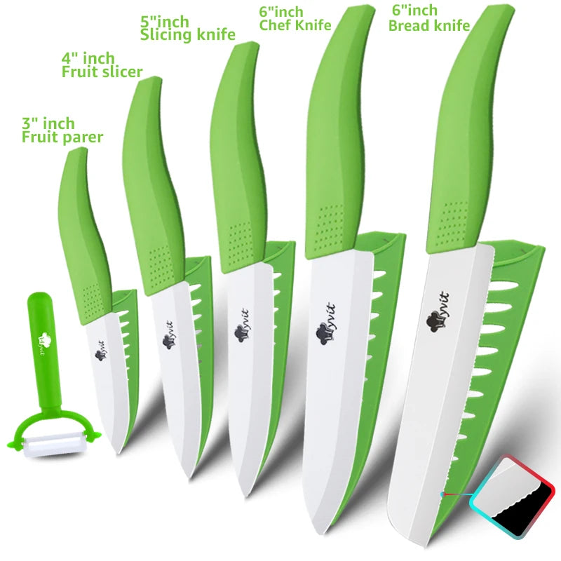 A set of multi-color ceramic chef knives, including 3 to 6 inch slicing and bread knives.