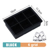Black 6 grid silicone ice cube tray with a square shape shown next to finished ice cubes