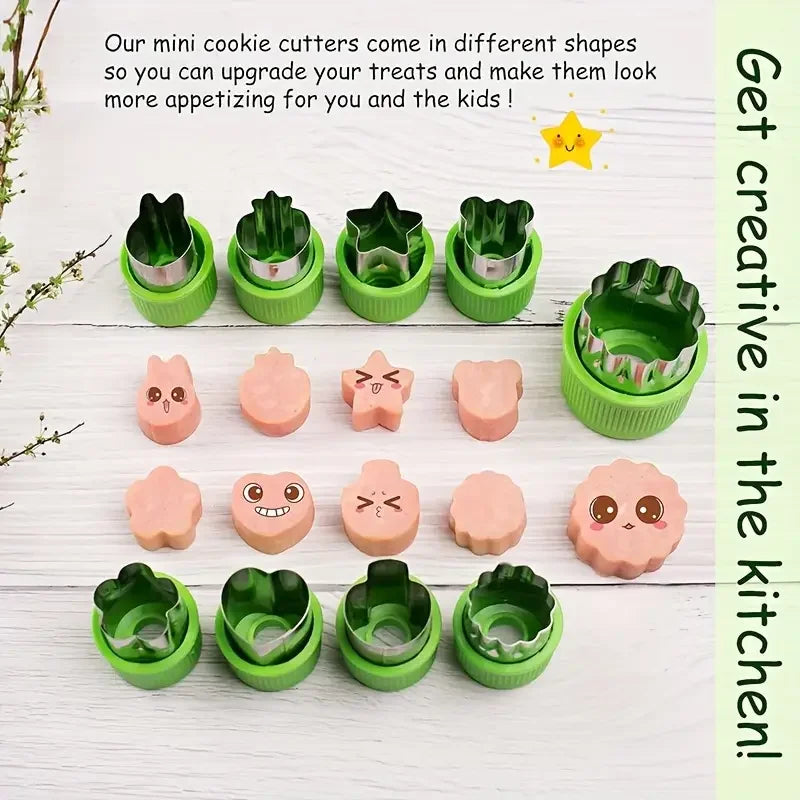 A collection of 12 mini cookie cutters in various shapes and colors, including pink and green, displayed on a white wooden su