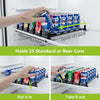 A hand places beer cans into an adjustable spring-loaded organizer rack inside a refrigerator.