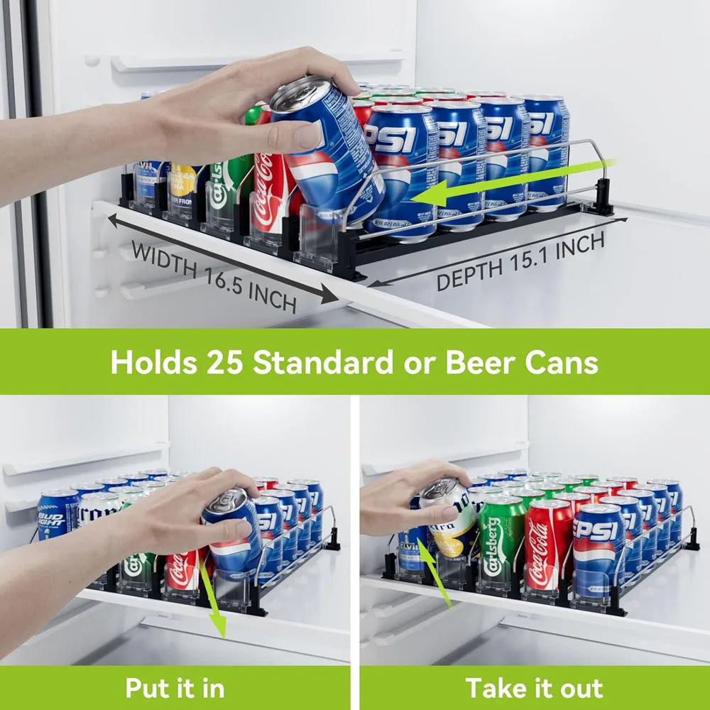 A hand places beer cans into an adjustable spring-loaded organizer rack inside a refrigerator.