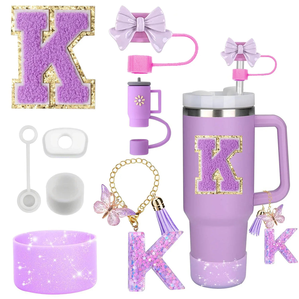 A set of purple silicone straw toppers and accessories for tumblers, including a large letter K and various decorative elemen