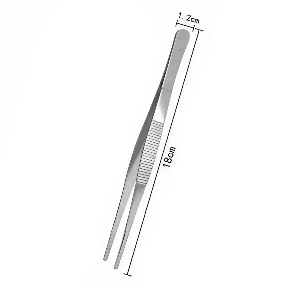 Stainless steel BBQ tongs shown with dimension markings.