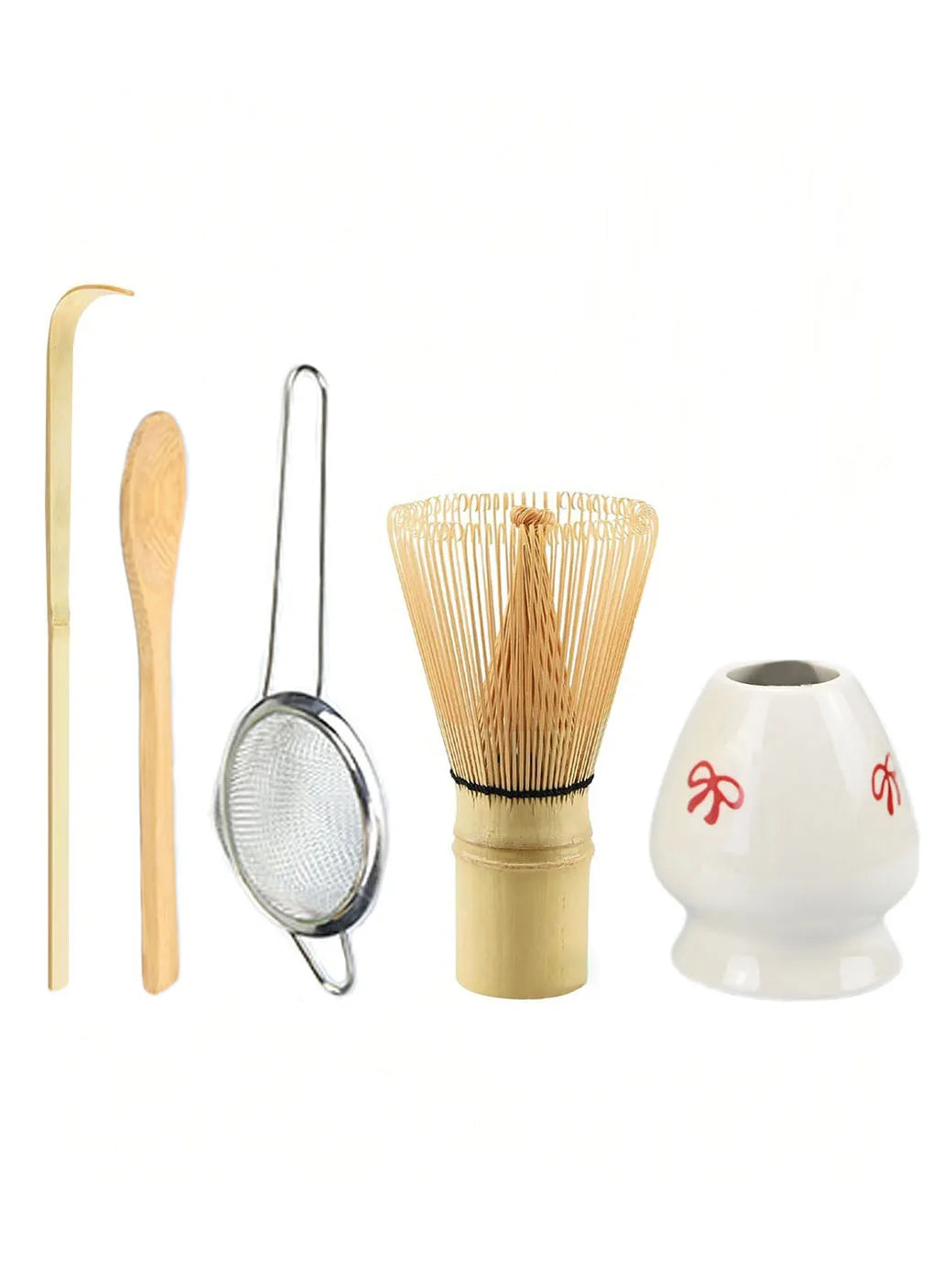 A set of natural bamboo tea tools including a scoop, a strainer, and a tea infuser