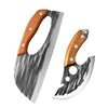 Hand forged boning knife with a wooden handle and silver blade shown from the side.