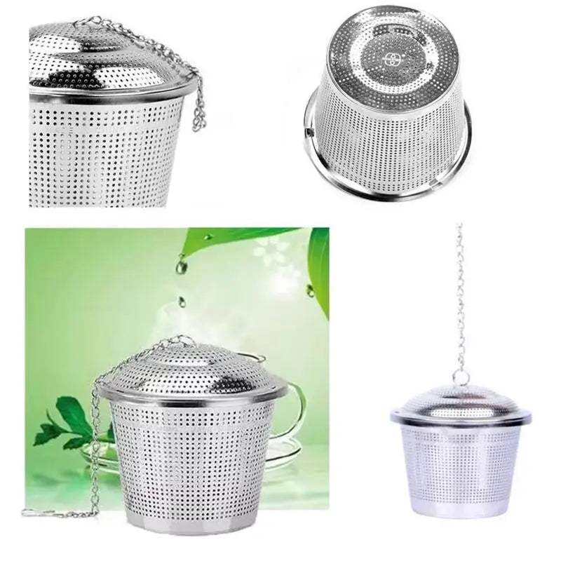 Silver mesh tea leaf infuser filter in various forms and angles