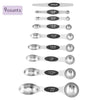 A set of nine magnetic stainless steel measuring spoons with various teaspoon sizes.