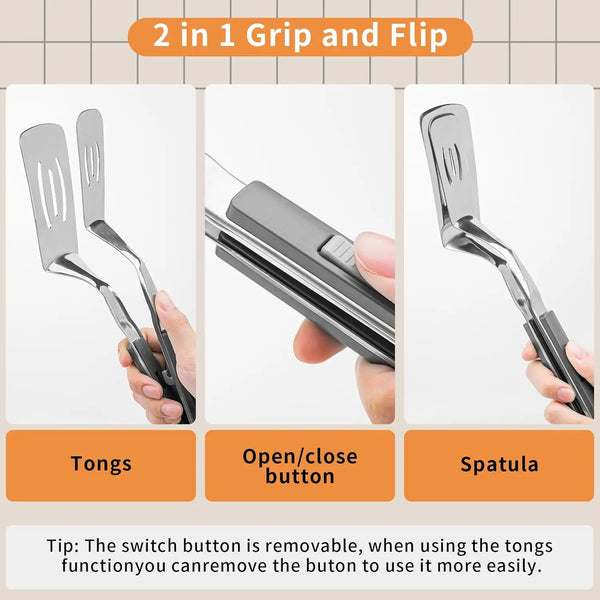 Set aus Edelstahl-Kochwerkzeugen, einschließlich Zangen, eines Öffnungs-/Schließknopfes und eines Spatulas.