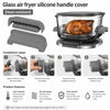 A silicone handle cover for an air fryer is shown alongside the complete product, demonstrating installation steps.
