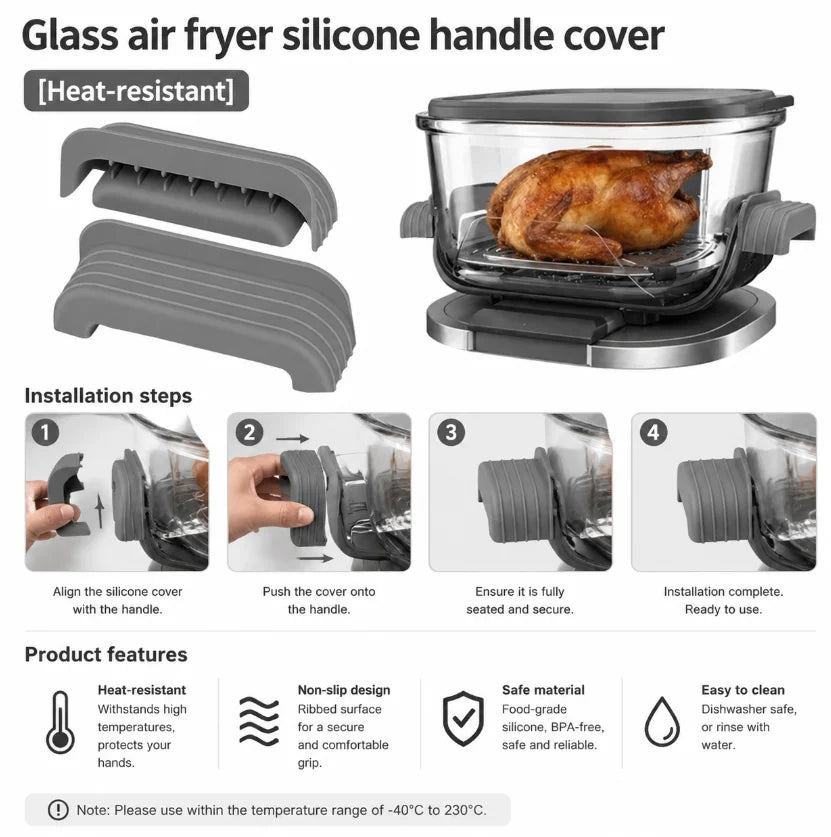 A silicone handle cover for an air fryer is shown alongside the complete product, demonstrating installation steps.