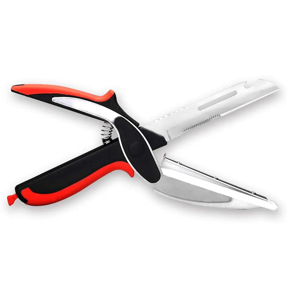A pair of black and orange multi-function vegetable and food scissors with silver blades.