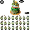 A set of 25 dinosaur cupcake toppers featuring a green cake with a dinosaur figure and birthday text.