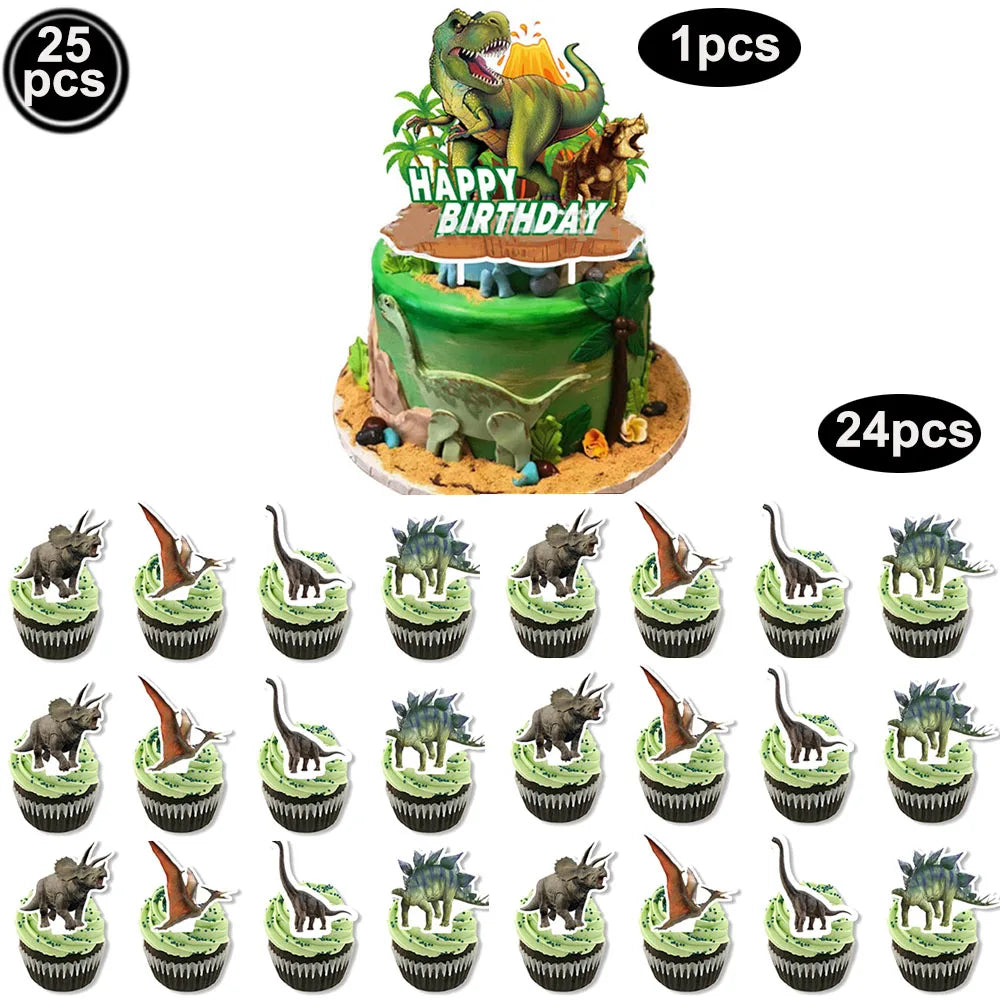 A set of 25 dinosaur cupcake toppers featuring a green cake with a dinosaur figure and birthday text.