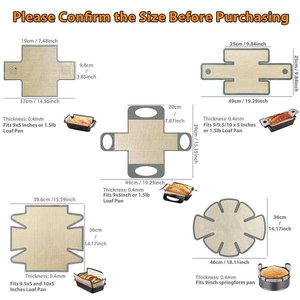 Various sizes of reusable silicone bread loaf pan liners and corresponding dimensions.