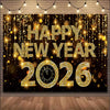 A festive banner wishing a happy new year with gold glitter and bokeh lights on a dark background.
