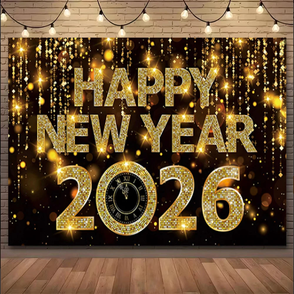 A festive banner wishing a happy new year with gold glitter and bokeh lights on a dark background.
