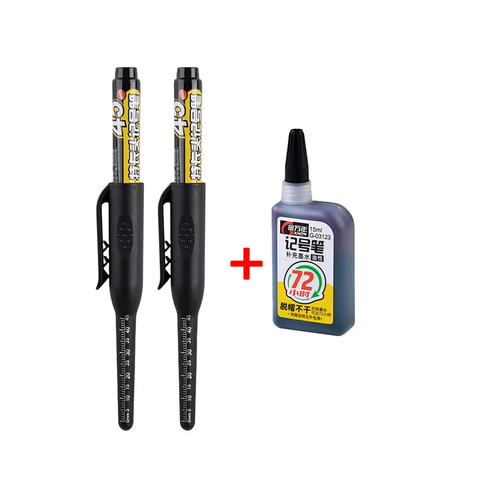 A set of precision deep hole marker pens in black and clear packaging.