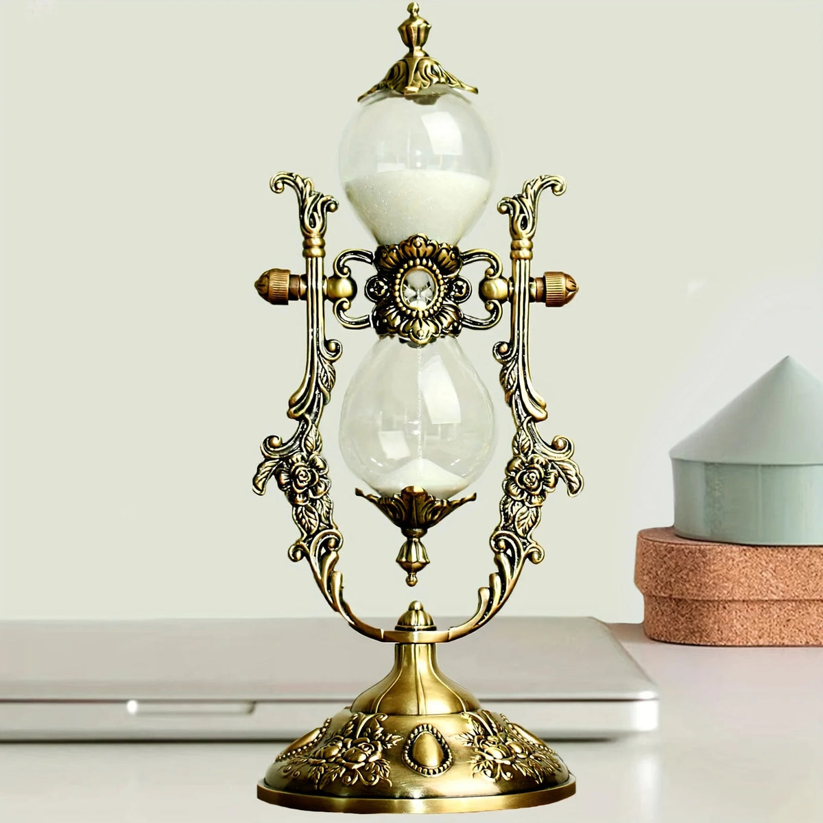 Vintage brass rotating craft organizer with glass bulbs and ornate detailing