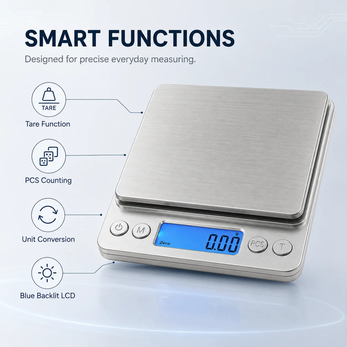 A silver digital kitchen scale displaying 0.00, featuring smart functions like tare, PCS counting, unit conversion, and a blu
