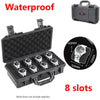 Black waterproof plastic watch storage case with 8 slots and a carrying handle