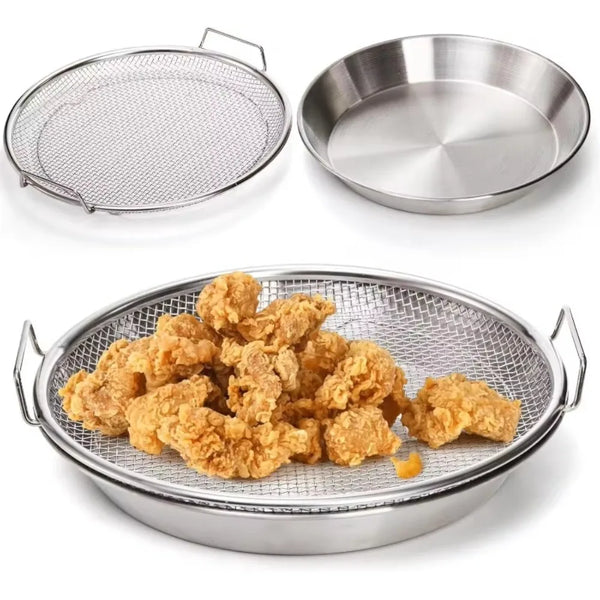 A set of heavy duty stainless steel frying racks and oil draining baskets.