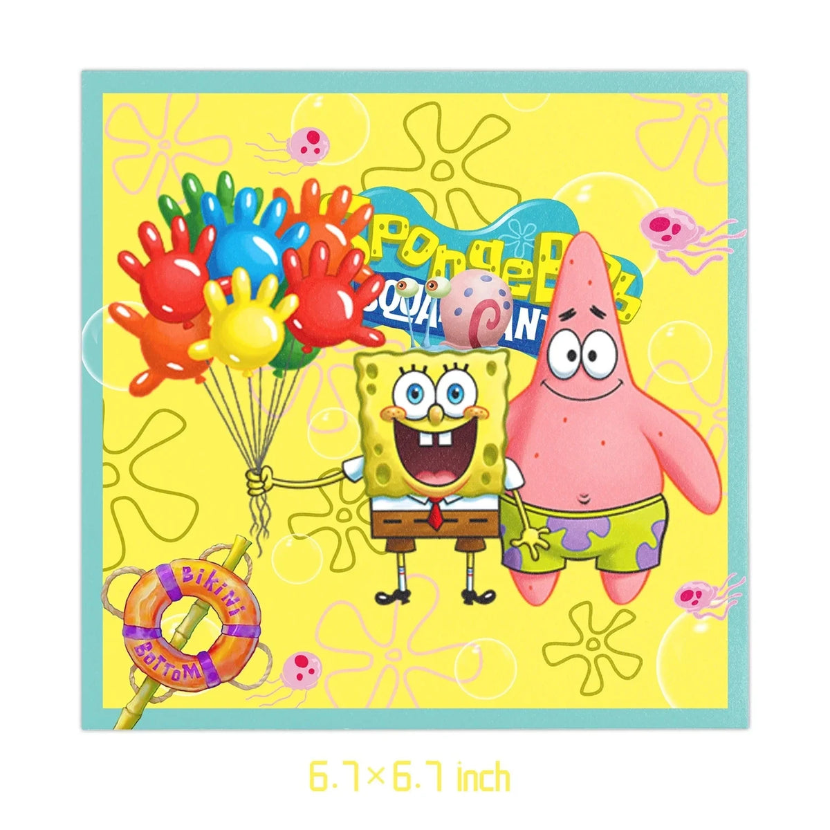 A colorful illustration featuring SpongeBob characters and yellow background for a disposable party set.