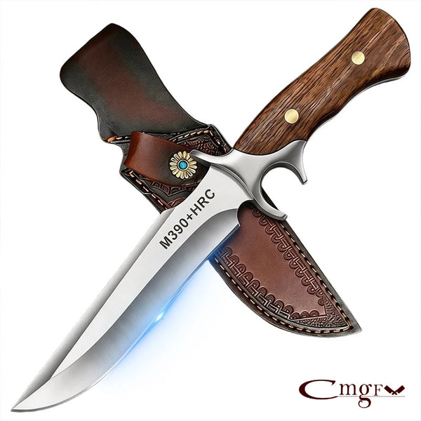 A fixed blade knife with a silver blade and wooden handle is shown crossed over a brown leather sheath.