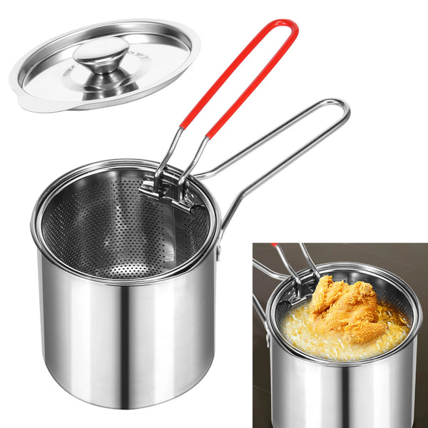 Edelstahl-Fritteusentopf mit Metallsieme und langen Griffen