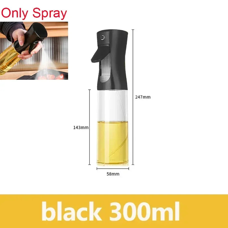 Black 300ml oil spray bottle with a black nozzle and clear liquid inside