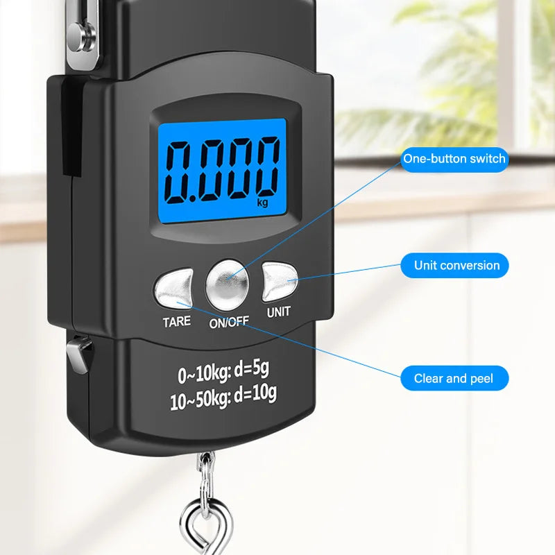 A black portable digital hanging scale displaying 0.000 kg with various function labels.