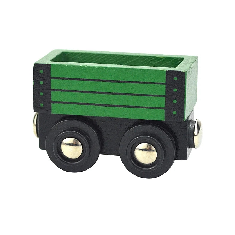 A wooden magnetic train car set with a green and black striped body and black wheels.