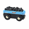 A black wooden magnetic train car set with blue accents and wheels.