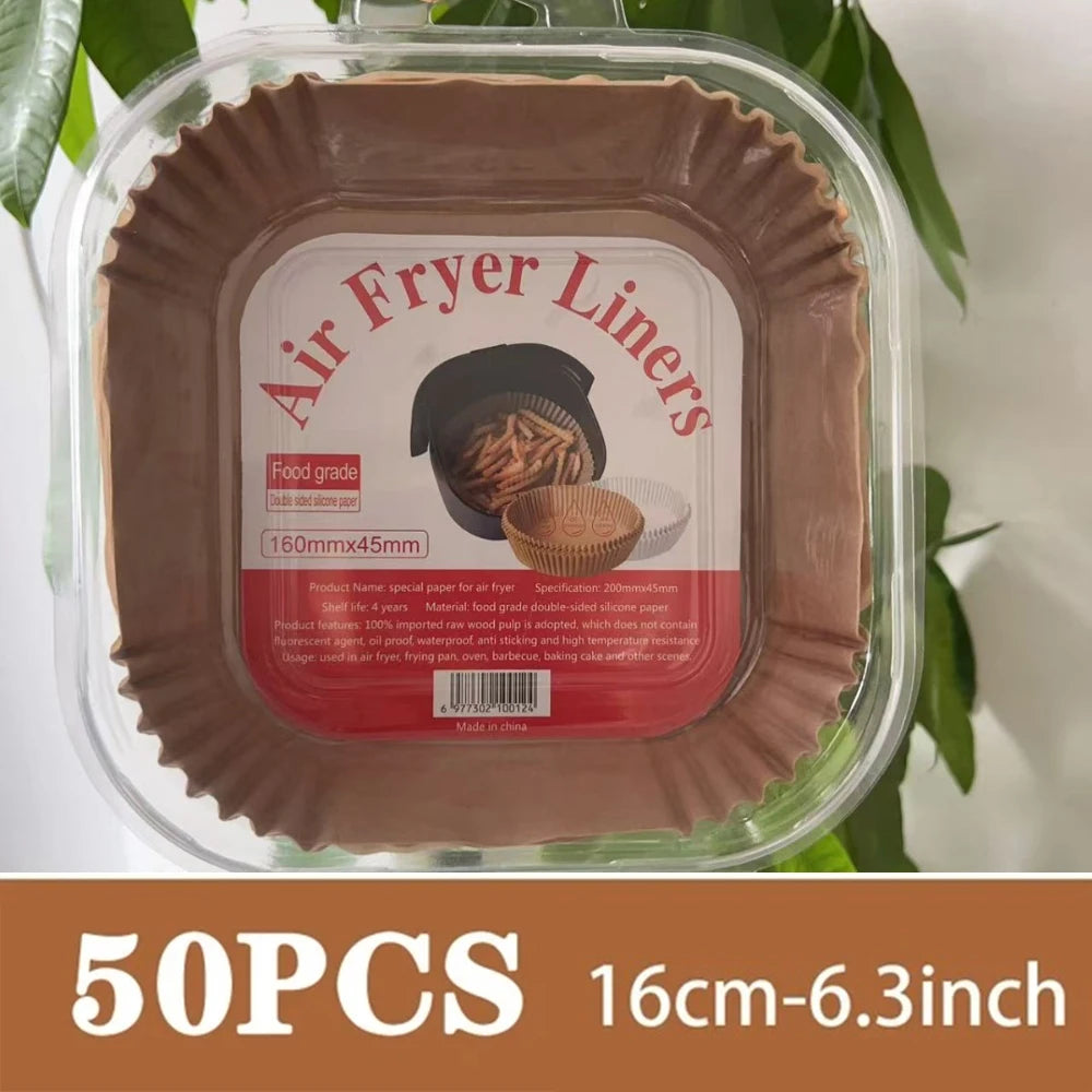 50 pieces of brown silicone liners for air fryer baskets, measuring 16cm to 6.3 inches.