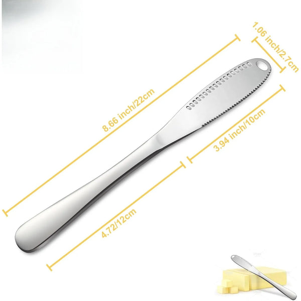 Edelstahl-Buttermesser-Set mit verschiedenen Maßen auf weißem Hintergrund.