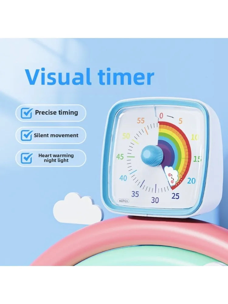 A white visual timer device with a colorful arc display is shown next to a pink surface.