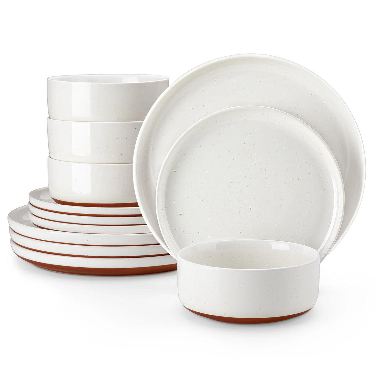 A stack of white and brown stoneware dinner plates and bowls.
