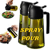 A black dual-function oil sprayer bottle is shown next to a bowl of greens and a grill plate with meat.