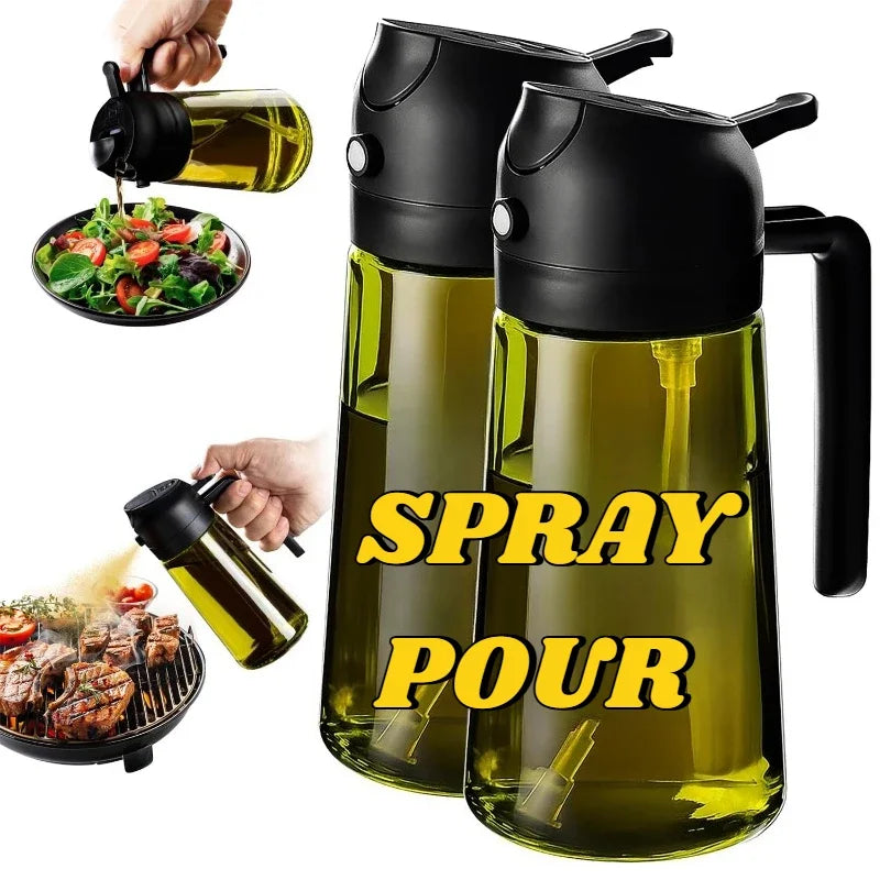A black dual-function oil sprayer bottle is shown next to a bowl of greens and a grill plate with meat.